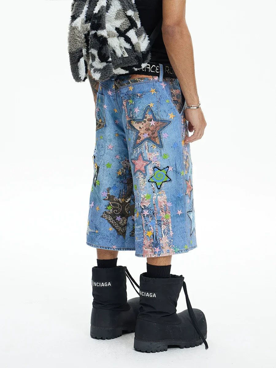 Digital Cartoon Print Denim Half Jeans