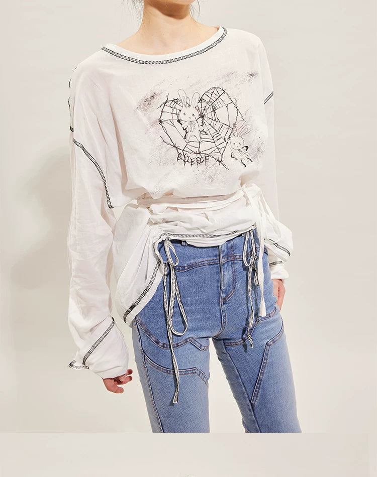 Hand-Drawn Rabbit Print Long Sleeve T-Shirt