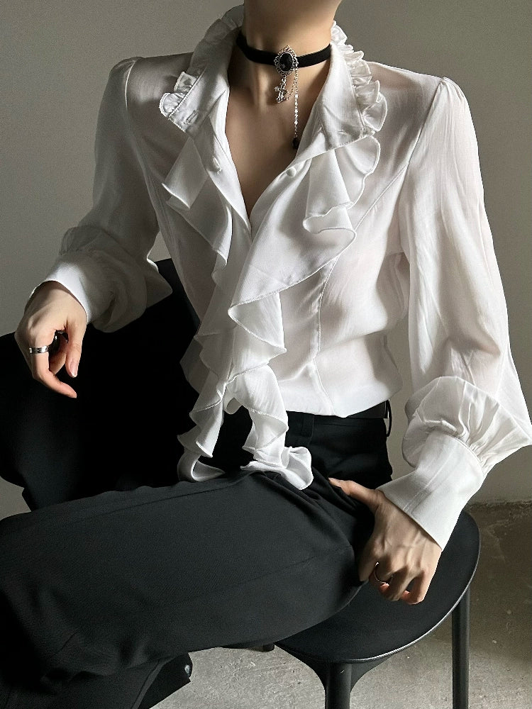 Ruffled Slim Shirt & Necklace