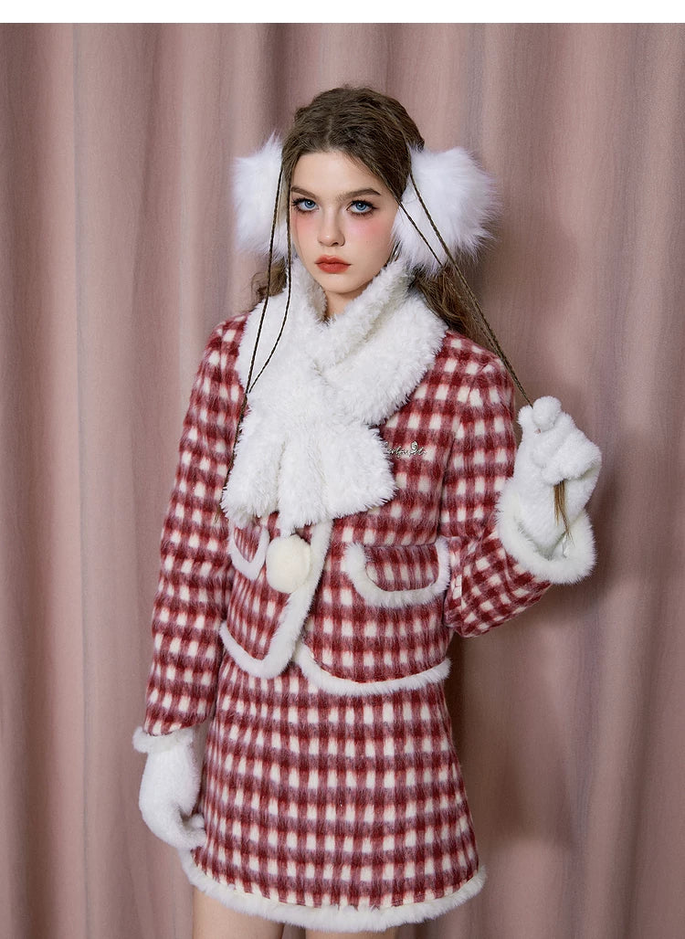 Christmas Plaid Tweed Jacket & Short Skirt Setup