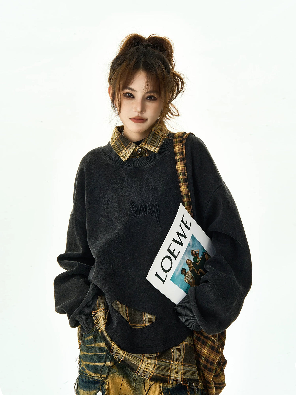 Plaid Stitching Fake Layered Sweatshirt
