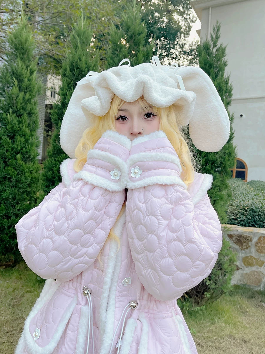 Flower Plush Bow Tie Puffer Jacket