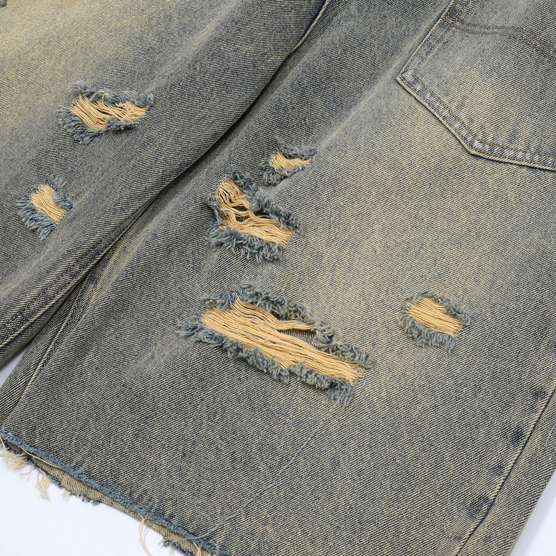 Washed Damage Wide Leg Denim Short Pants