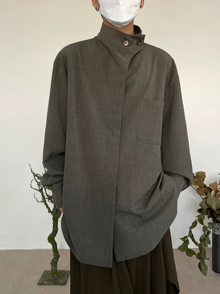 Minimalist French Standing-Collar Long Sleeve Shirt