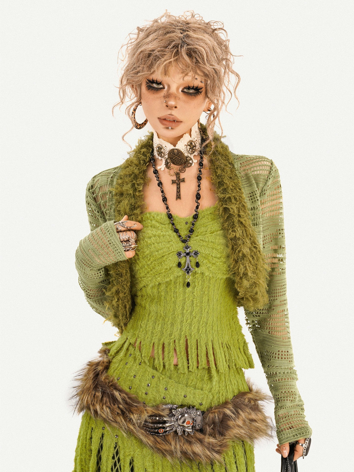 Fake Fur Patchwork Mesh Knit Cardigan & Tube Top & Mesh Long Skirt Setup