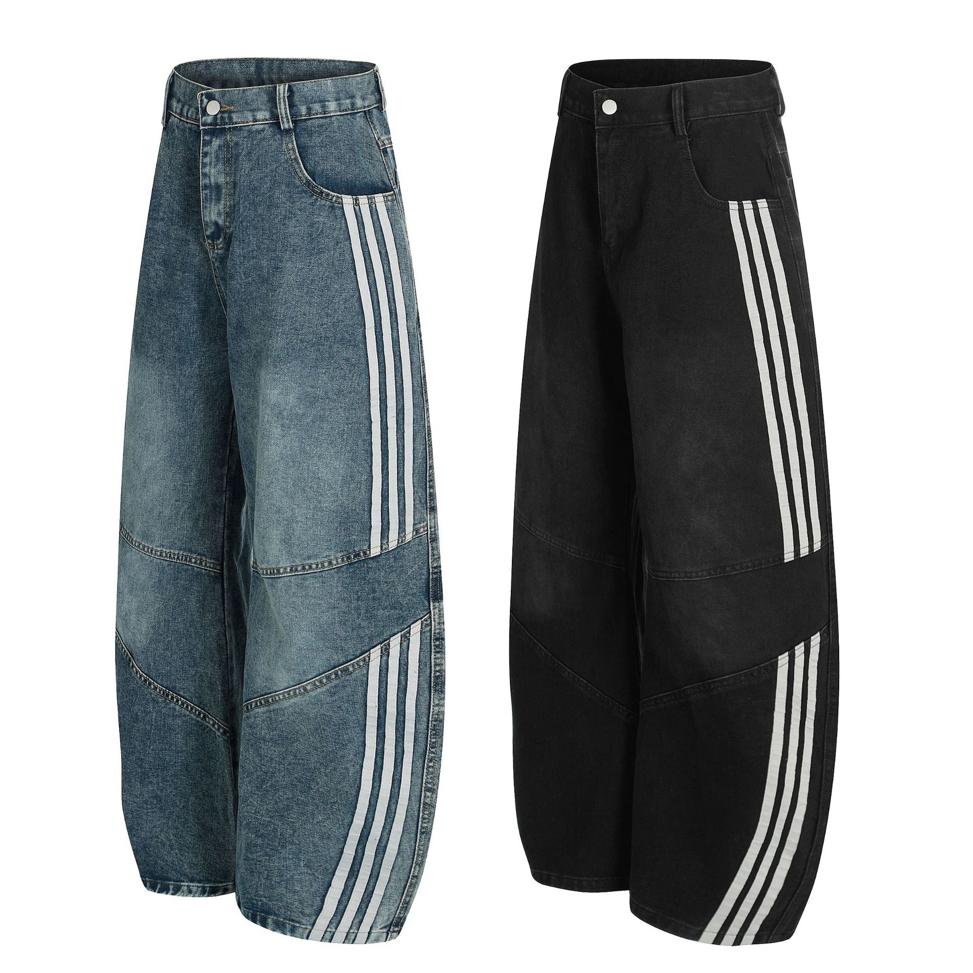 Deconstructed Three-Stripe Curved Wide Leg Denim Jeans