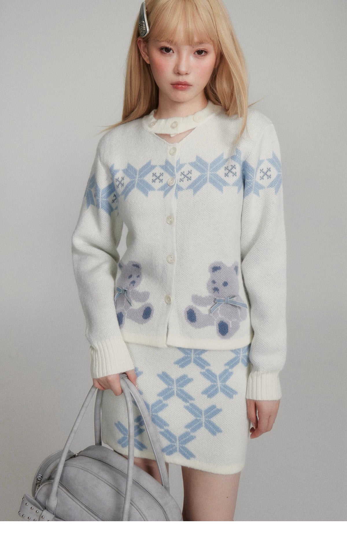 Teddy Bear Snowflake Knit Cardigan & Short Skirt Setup