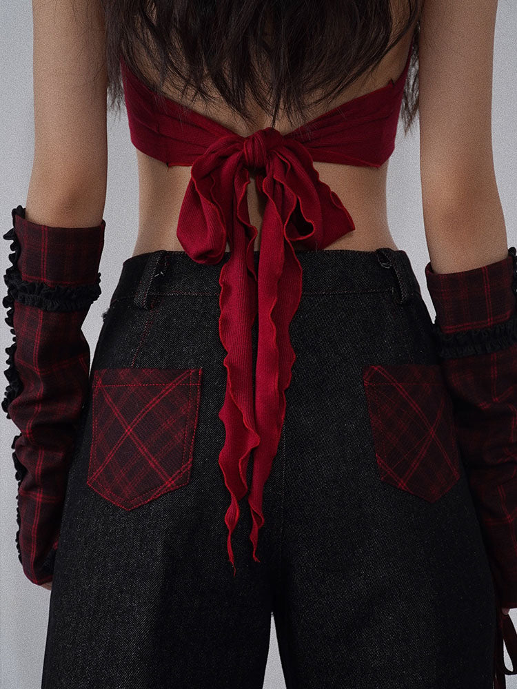 Red & Black Rock-Inspired Detachable Fur Collar Two-Way Camisole