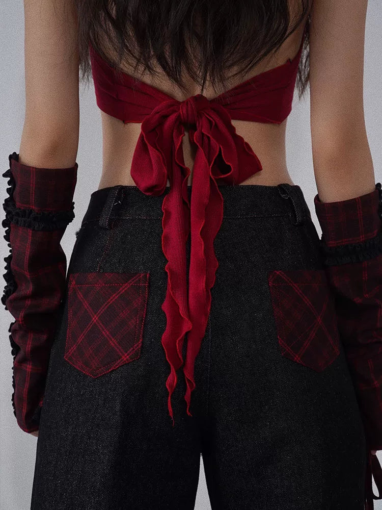 Red & Black Rock-Inspired Detachable Fur Collar Two-Way Camisole