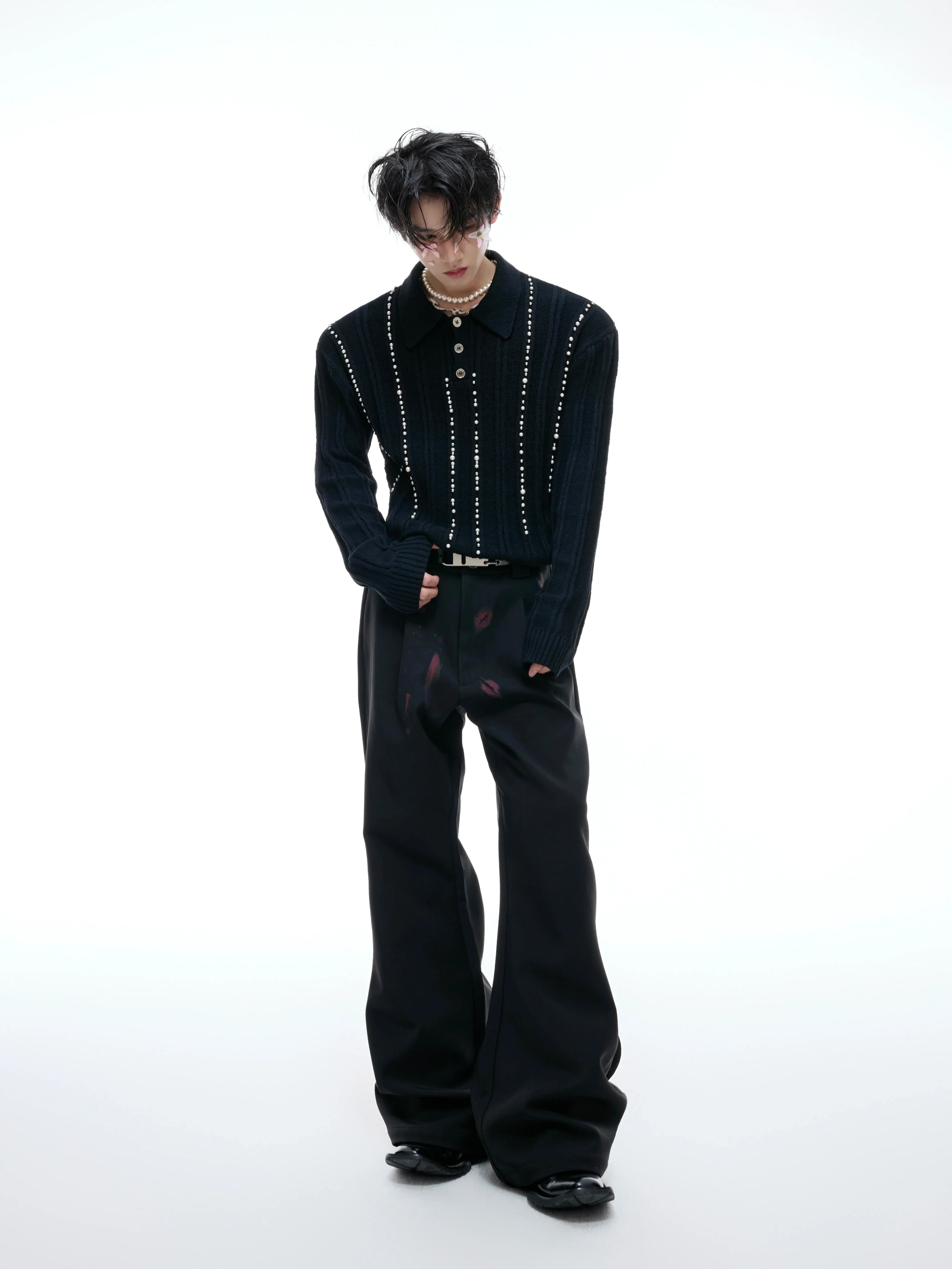 Pearl Beads Detail Knit Polo Shirt