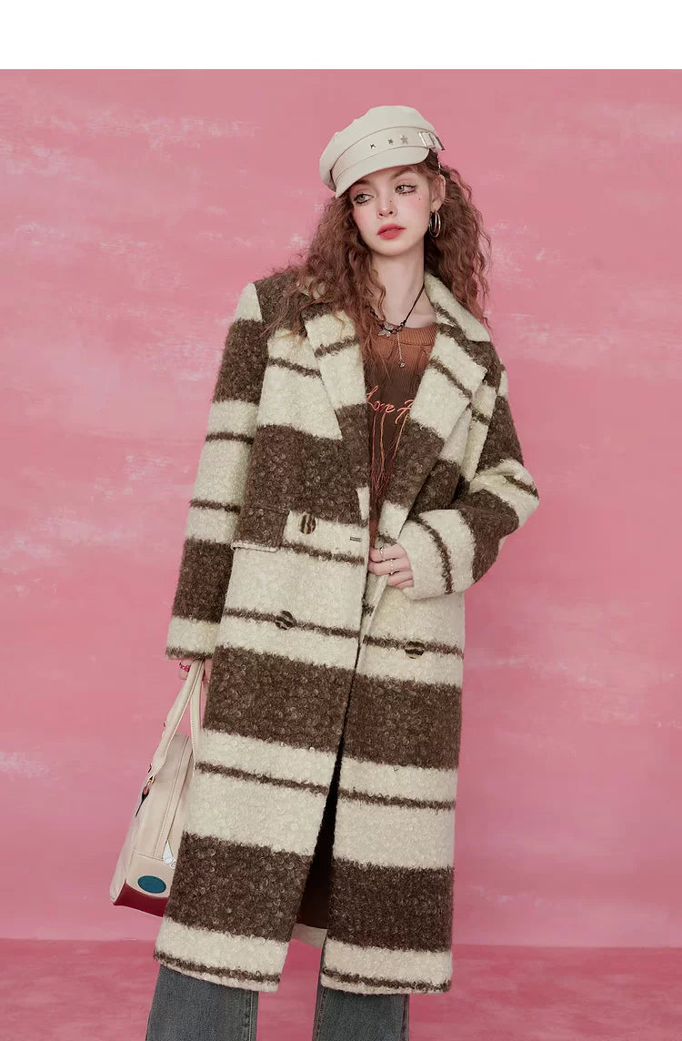 Contrast Stripe Fake Wool Mid-Length Coat