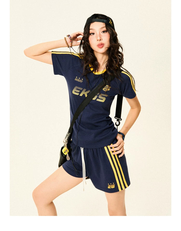 Stripe Letter Print Short Sleeve T-Shirt & Short Pants Setup
