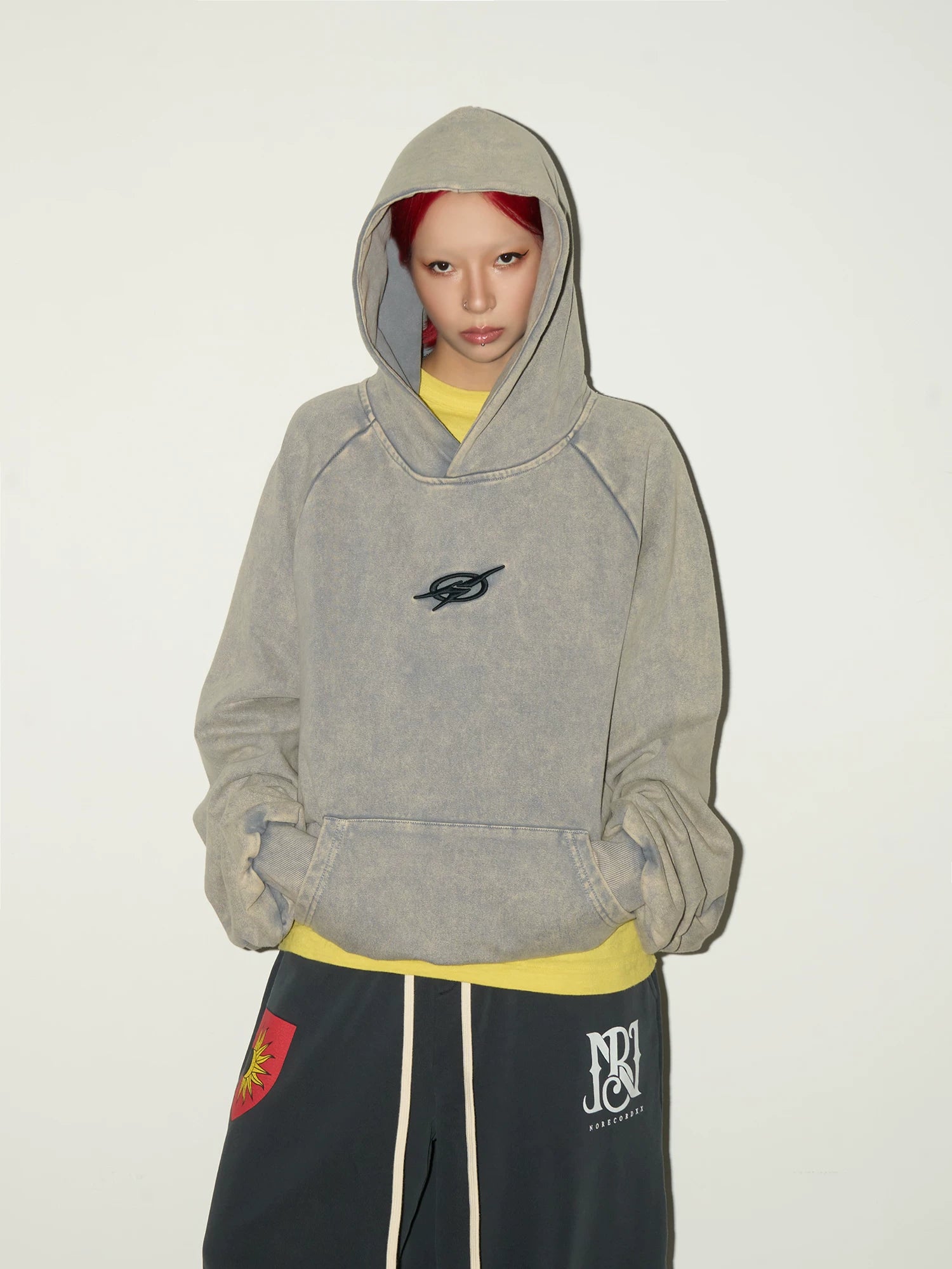 Washed Pleated Sleeve Oversize Pullover Hoodie