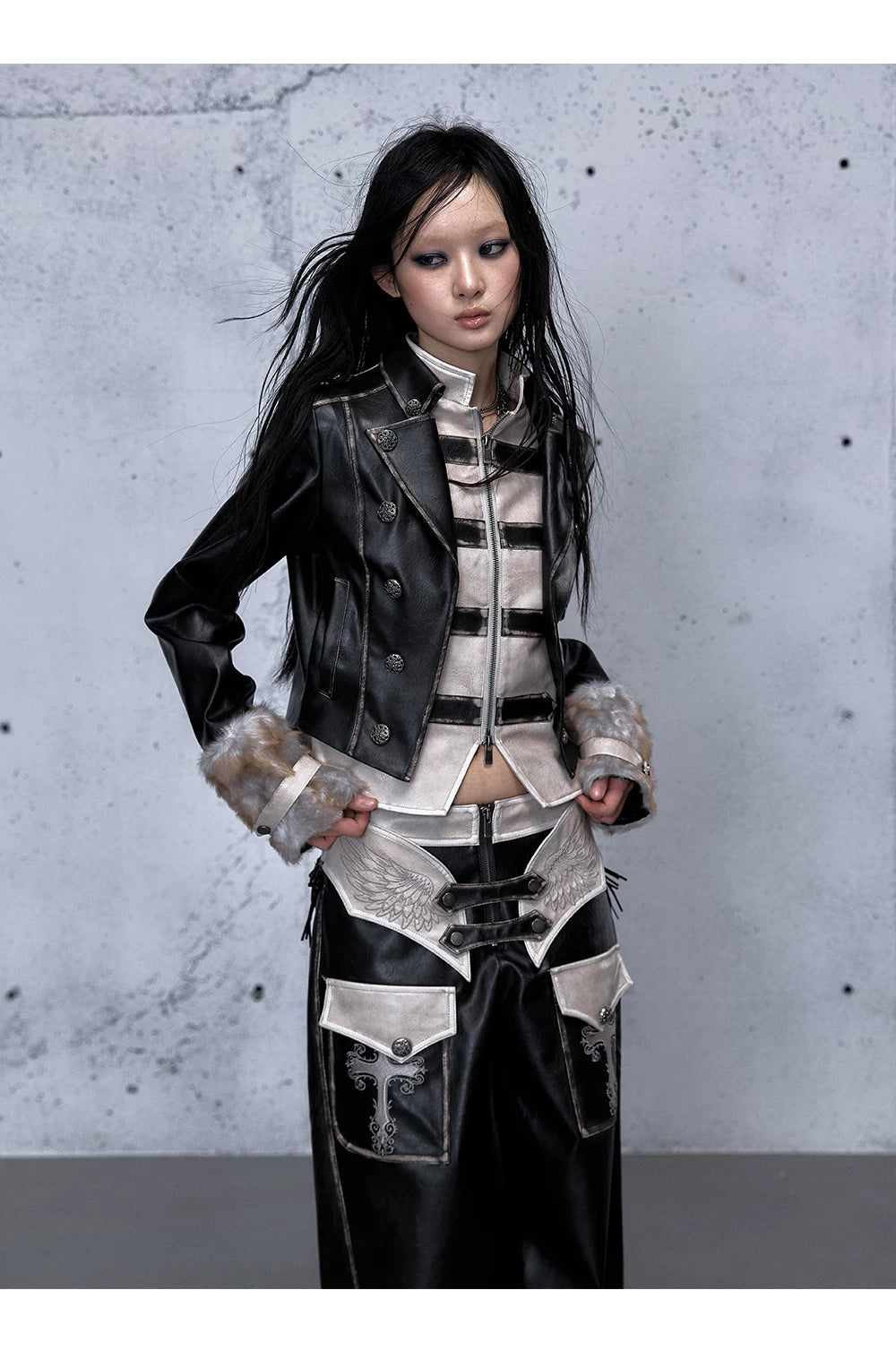 Standing-Collar Belt Detail Fake Fur Cuff PU Leather Jacket
