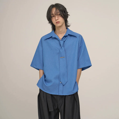 Camicia oversize a maniche corte con cravatta - Blue / M