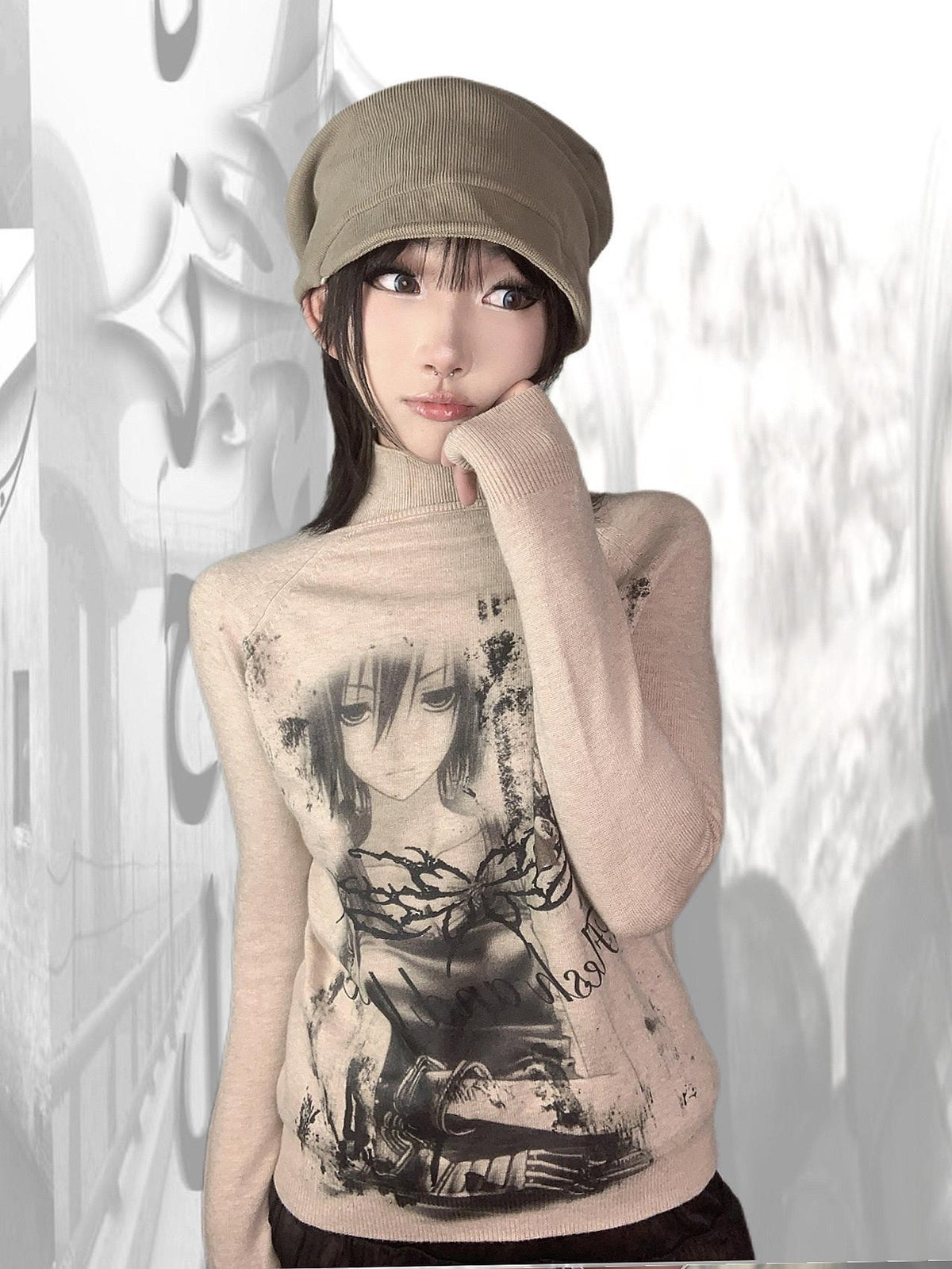 Anime-Style High-Neck Lightweight Knit Sweater