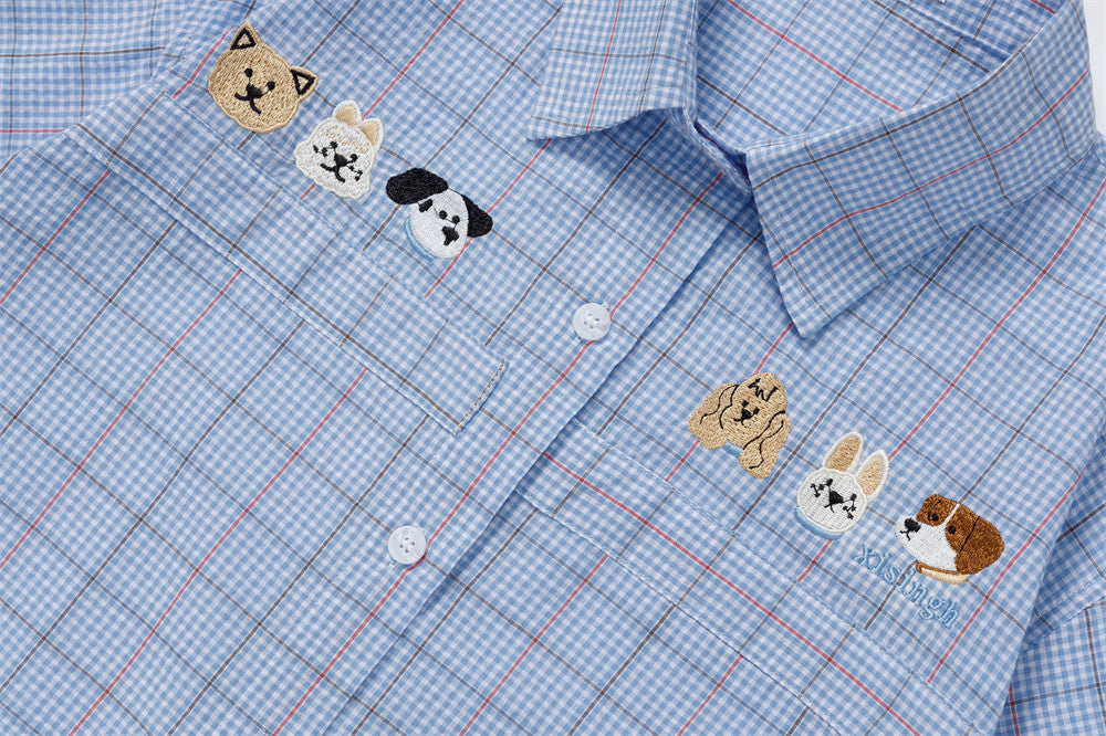 Cartoon-Embroidered Plaid Button-Up Shirt