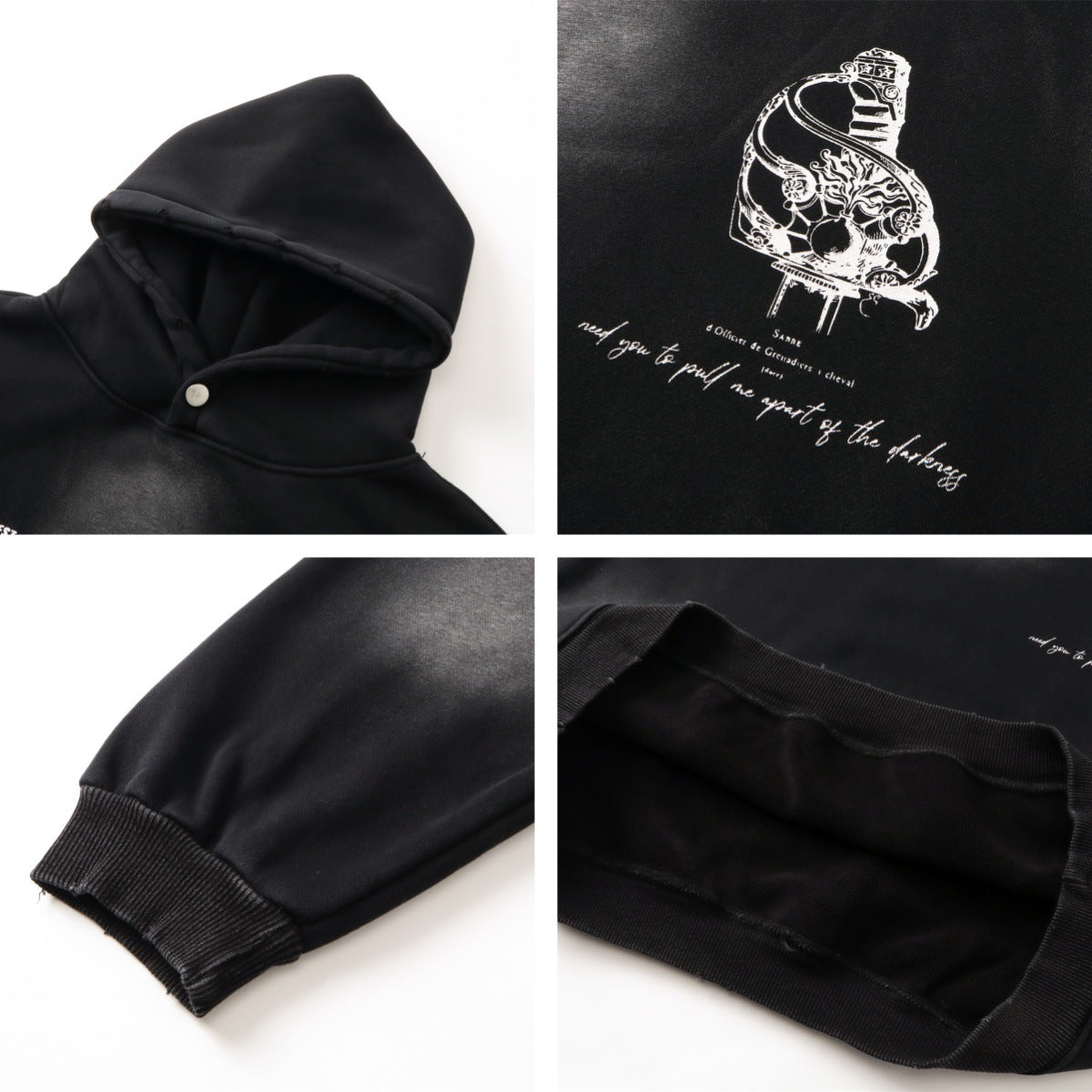 레터 프린트 플리스 안감 풀오버 후드 티셔츠