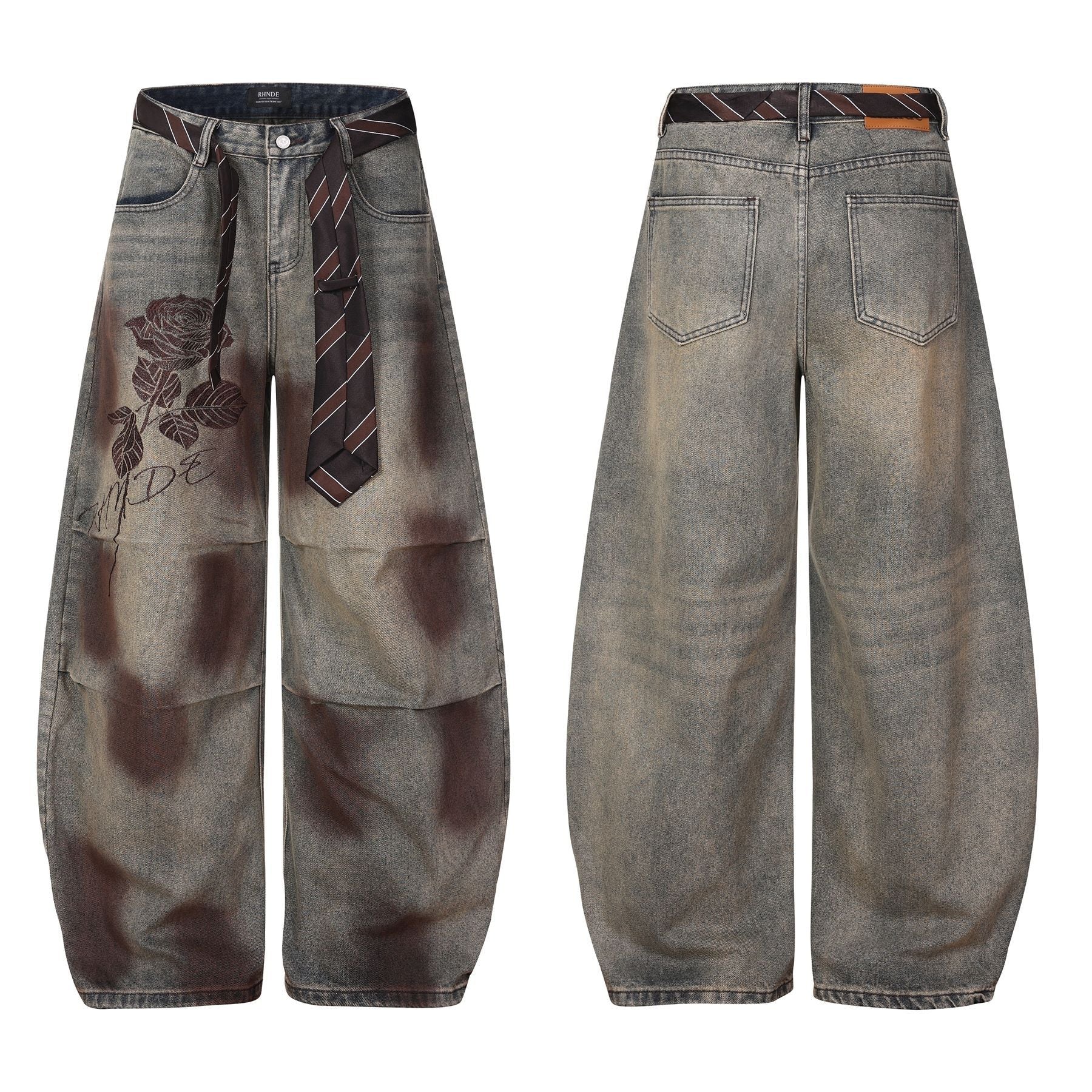Washed Rose Embroidery Wide Leg Curved Denim Jeans