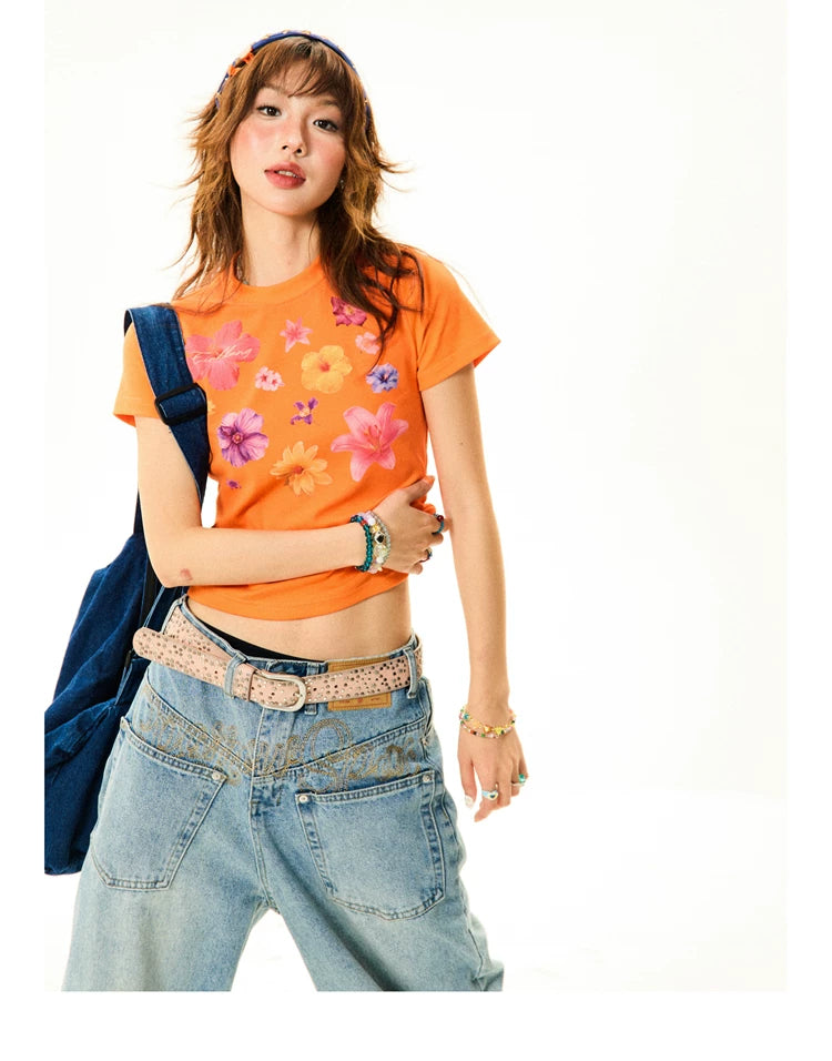 Flower Print Cropped Short Sleeve T-Shirt