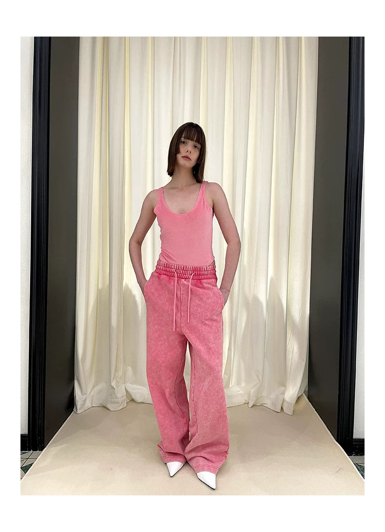 Irregular Hem Length Tanktop & Washed Wide-Leg Straight Sweatpants Setup