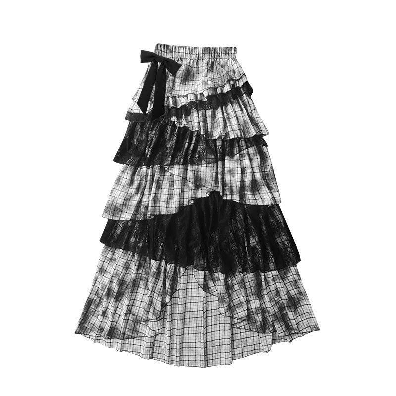 Lace Plaid Tiered Asymmetric Skirt