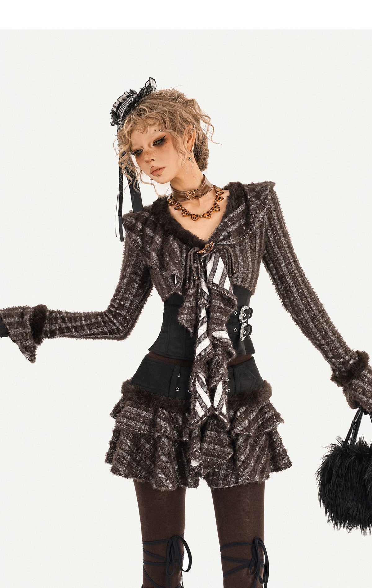 Original Design Patchwork Raw Edge Slim Long Sleeve Shirt & Skirt Setup