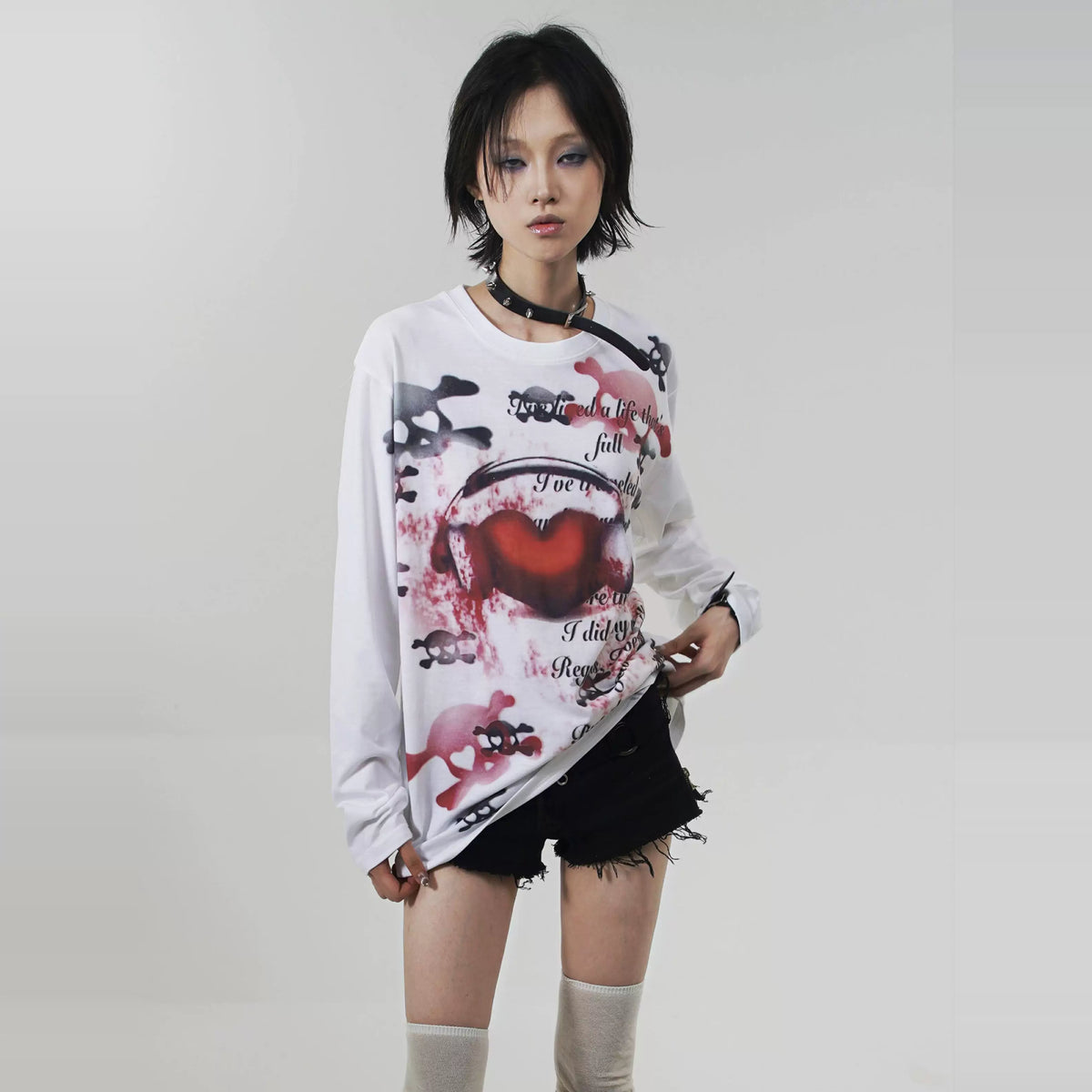 Heart Skull Print Long Sleeve T-Shirt