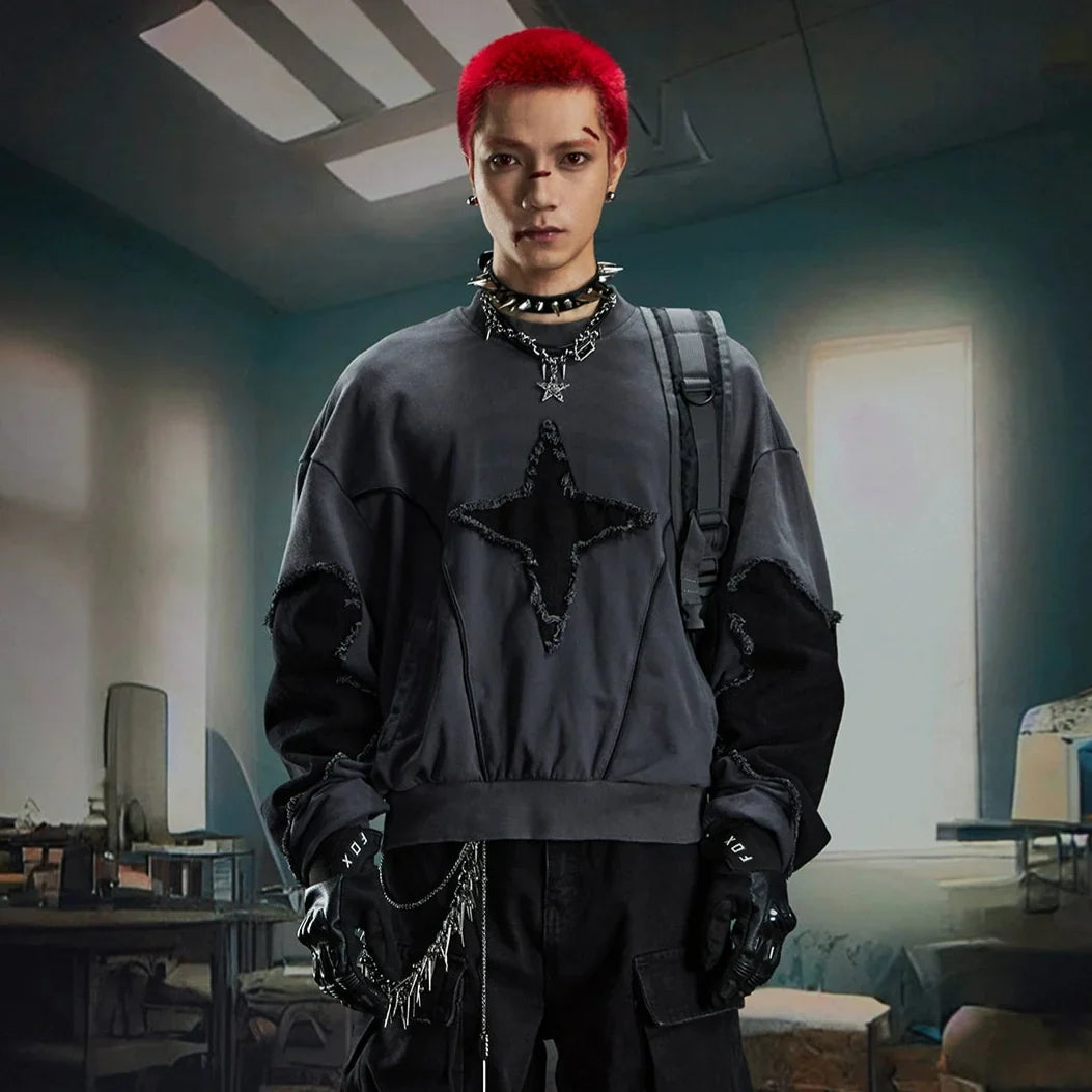 Deconstructed Patchwork Star Raw Hem Oversize Sweatshirt