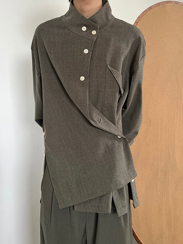 Standing-Collar Side Button Long Sleeve Shirt
