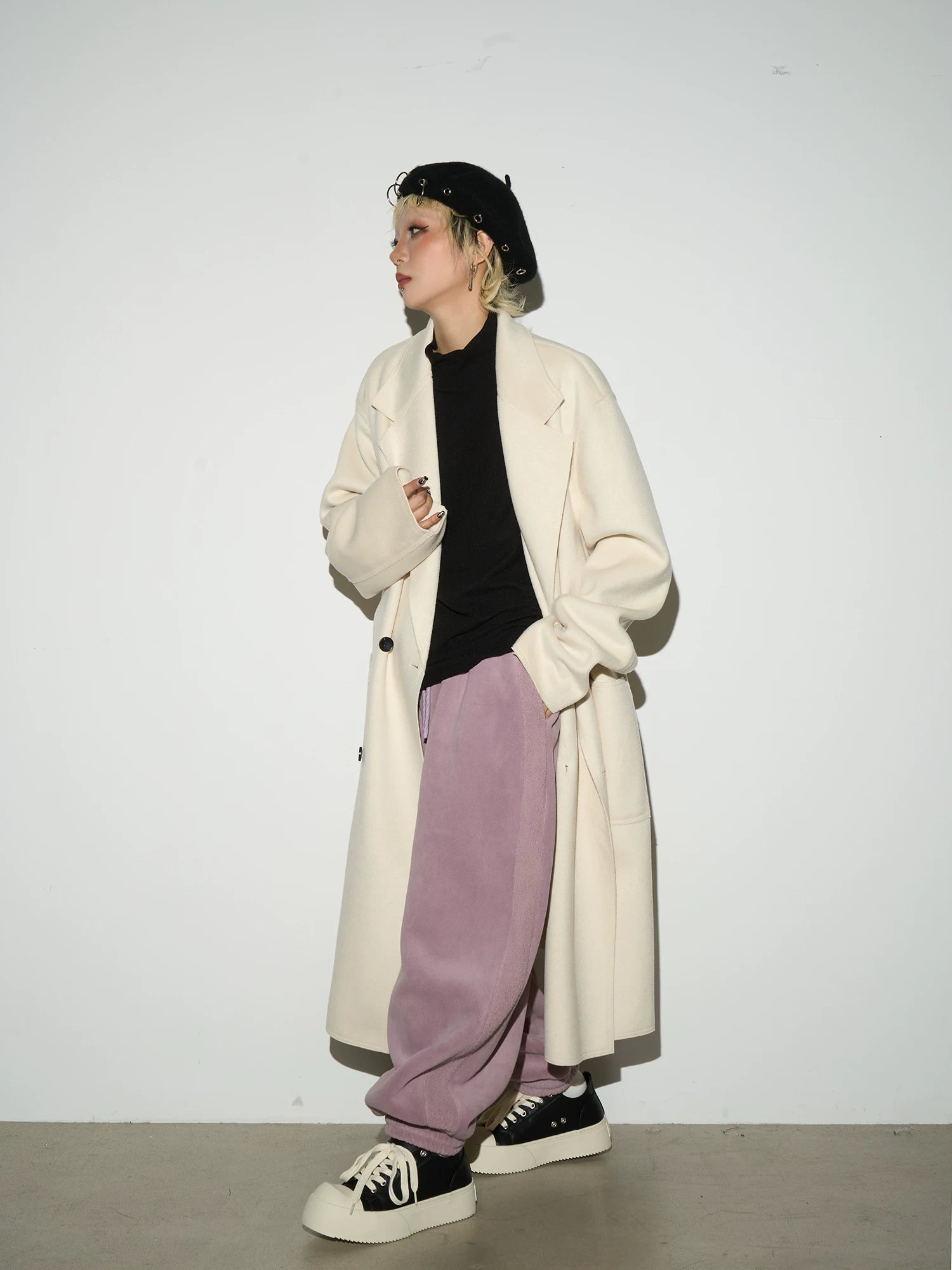 Double Breasted Belted Long Length Coat