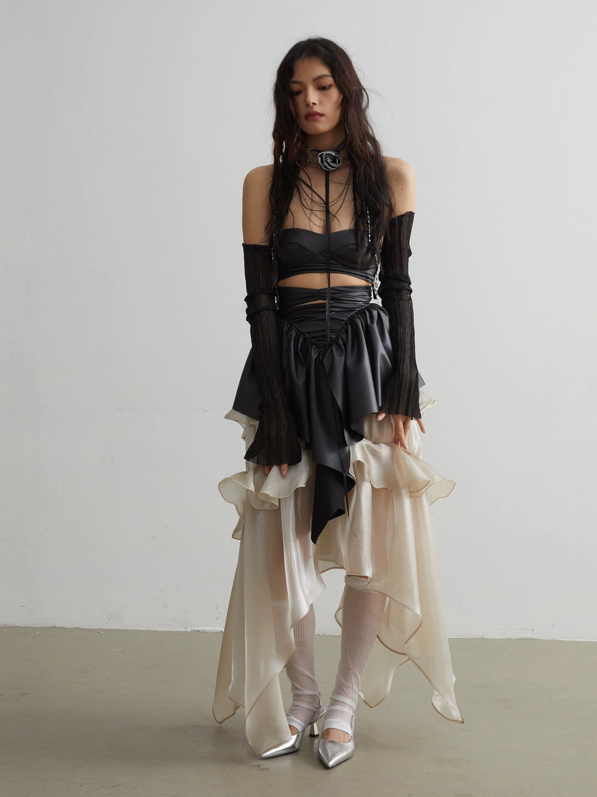 Glossy Layered Ruffle Edge Skirt