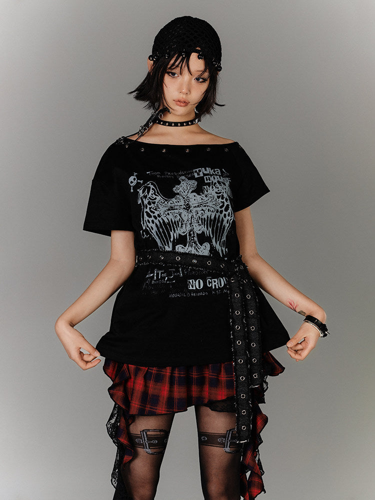 Off-Shoulder Eyelet Graphic Print Short Sleeve T-Shirt & Choker