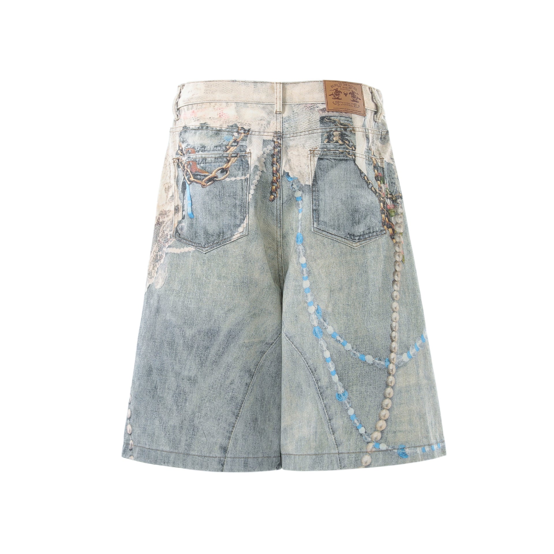 Pearl Chain Collage Print Denim Jort