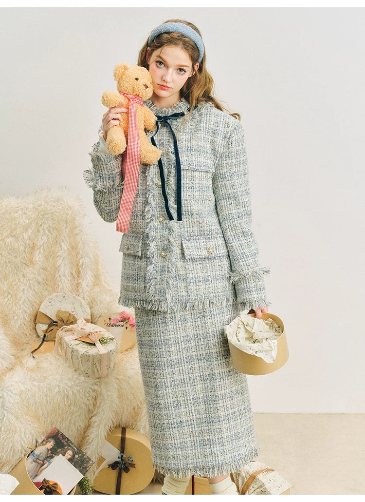 Bow Jacquard Jacket & Tassel Jacquard Short Skirt Setup