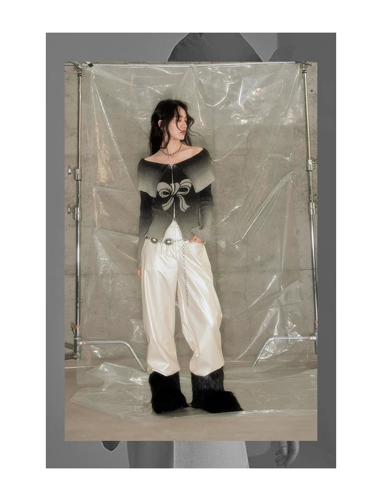 Bow Gradient Print Zipper Knit Sweater