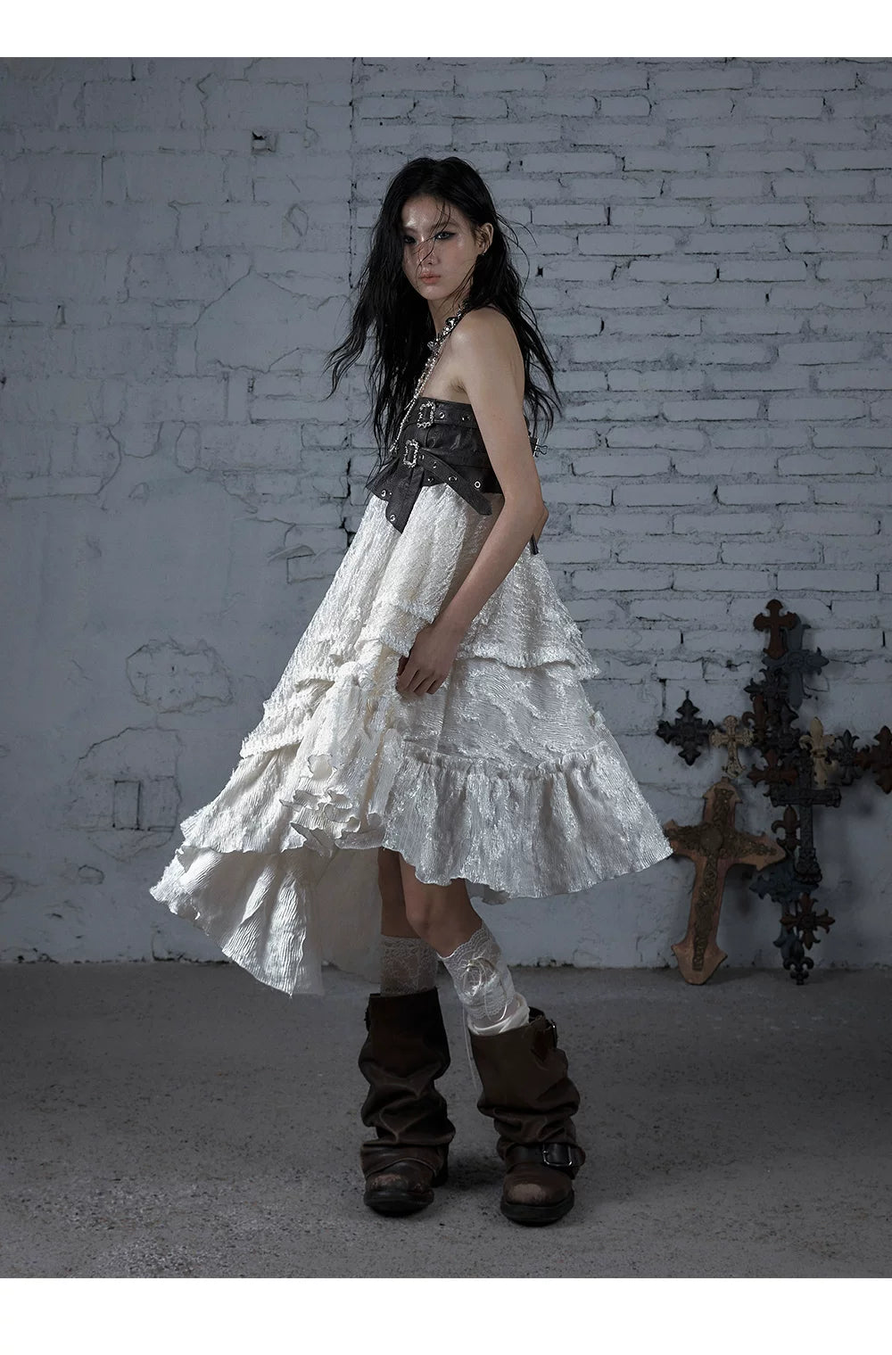Asymmetric Lace Layered Belt Detail Skirt