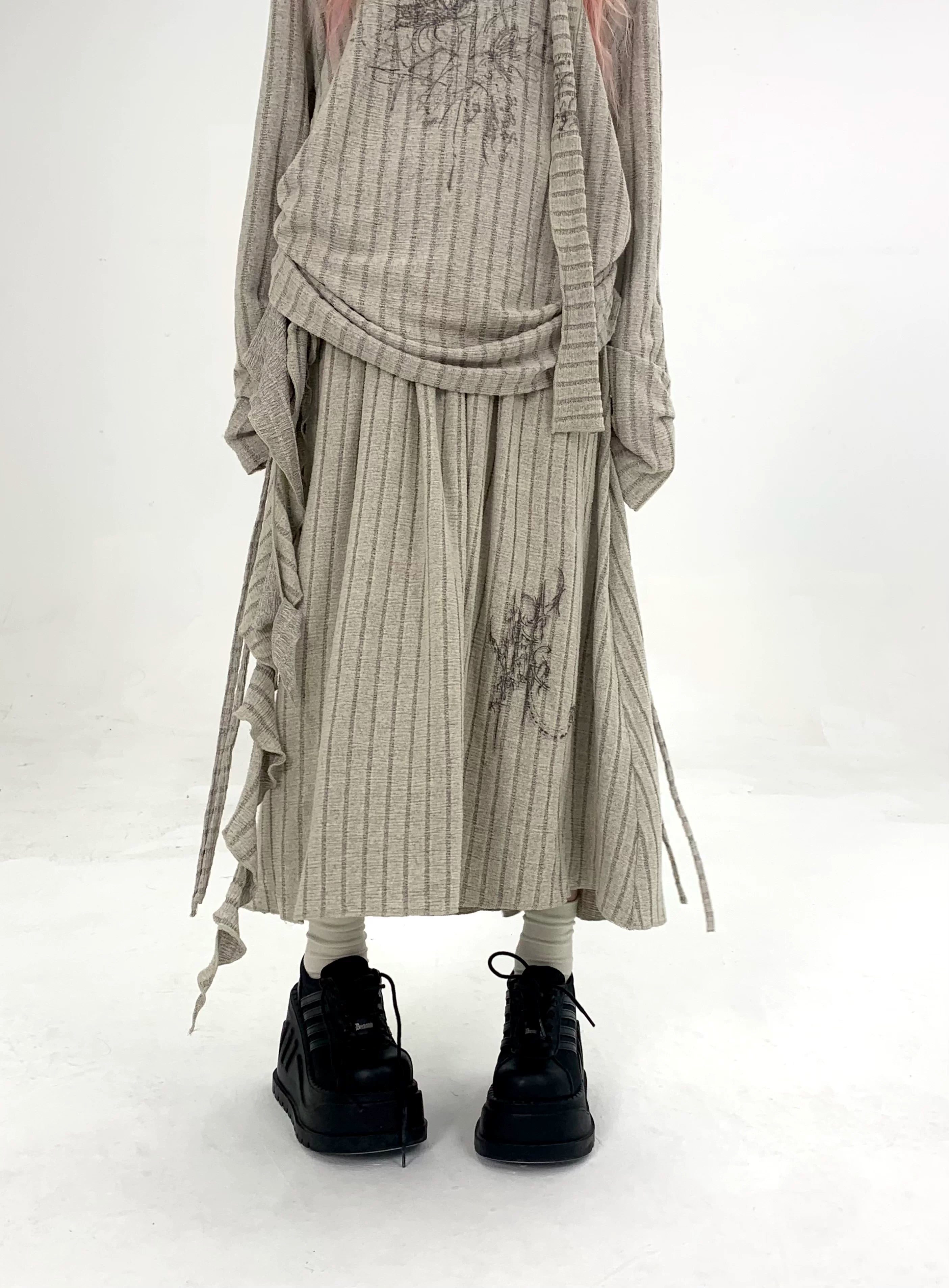 Graphic Print Lace-Up Pleated A-Line Midi Skirt
