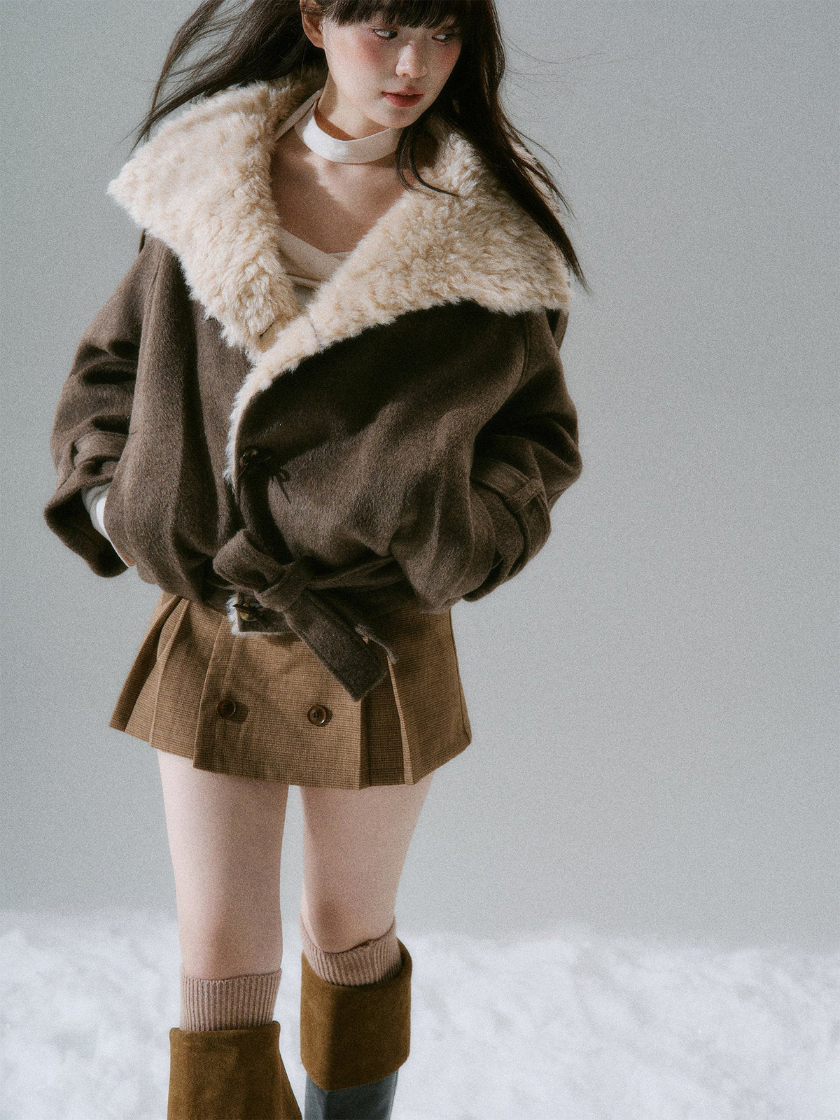 Fake Fur Collar Belted Jacket