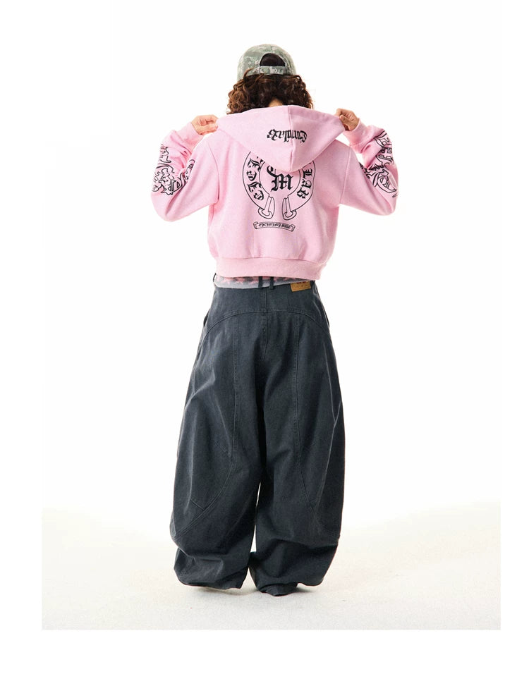 Gothic Logo Print Cropped Zipper Hoodie