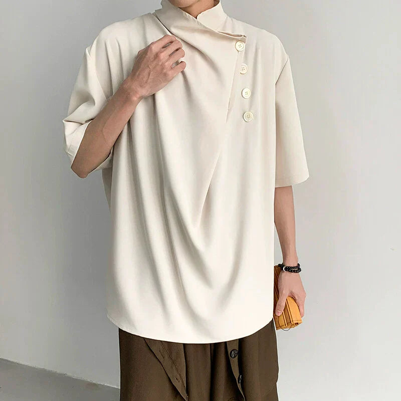 Chinese Style Asymmetrical Button Short Sleeve Shirt