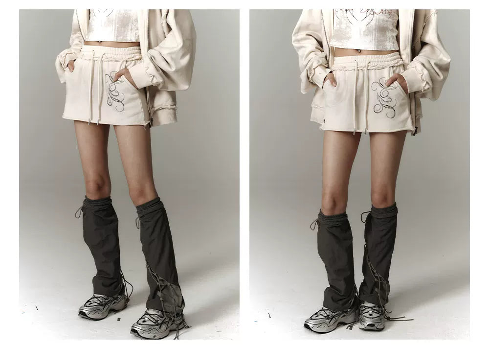 Washed Damage Oversize Zipper Hoodie & Short Skirt Setup