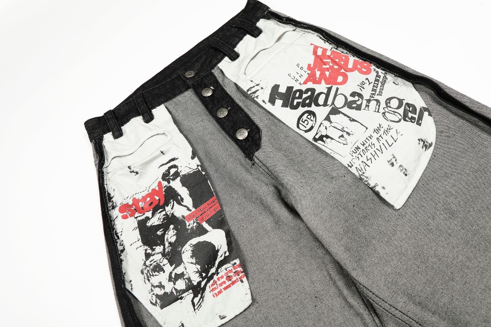 Print Deconstruction Wide Leg Denim Jeans