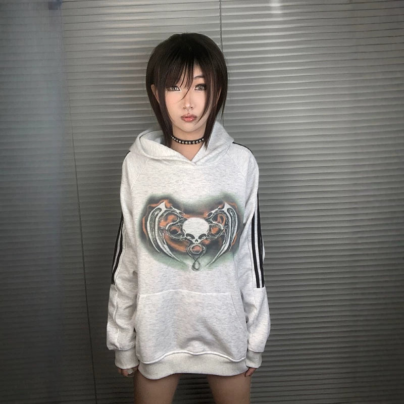 Side Stripe Skull Print Pullover Hoodie