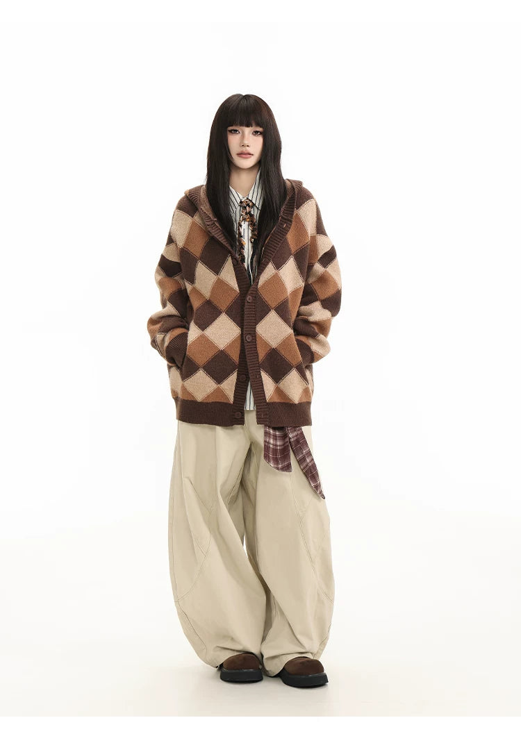 Heavyweight Diamond Pattern Oversize Hooded Knit Cardigan & Knit Sweater