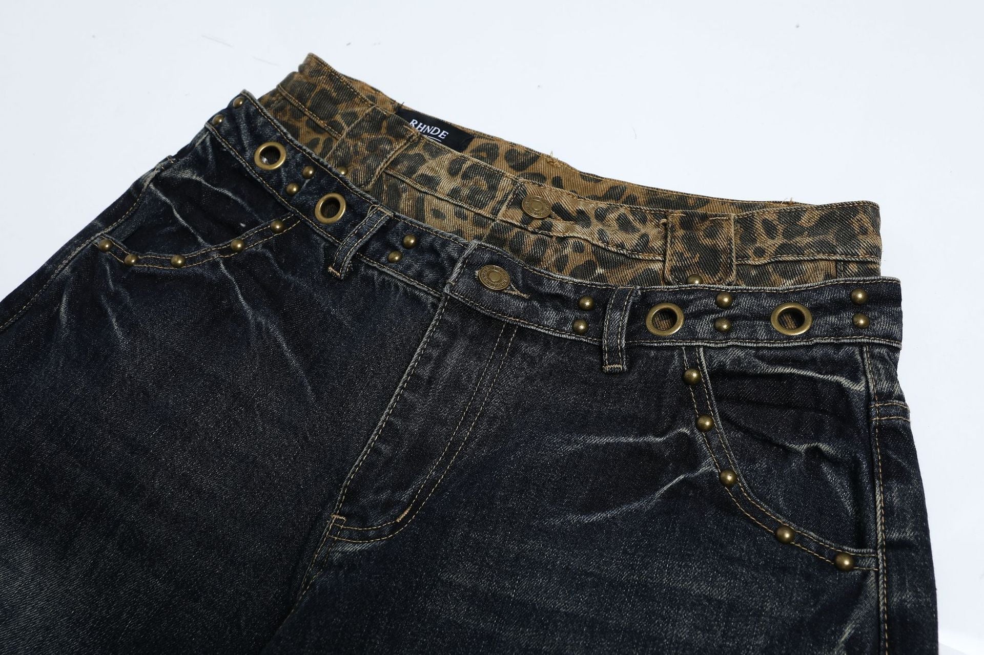 Fake Layered Leopard Print Wide Leg Denim Jeans