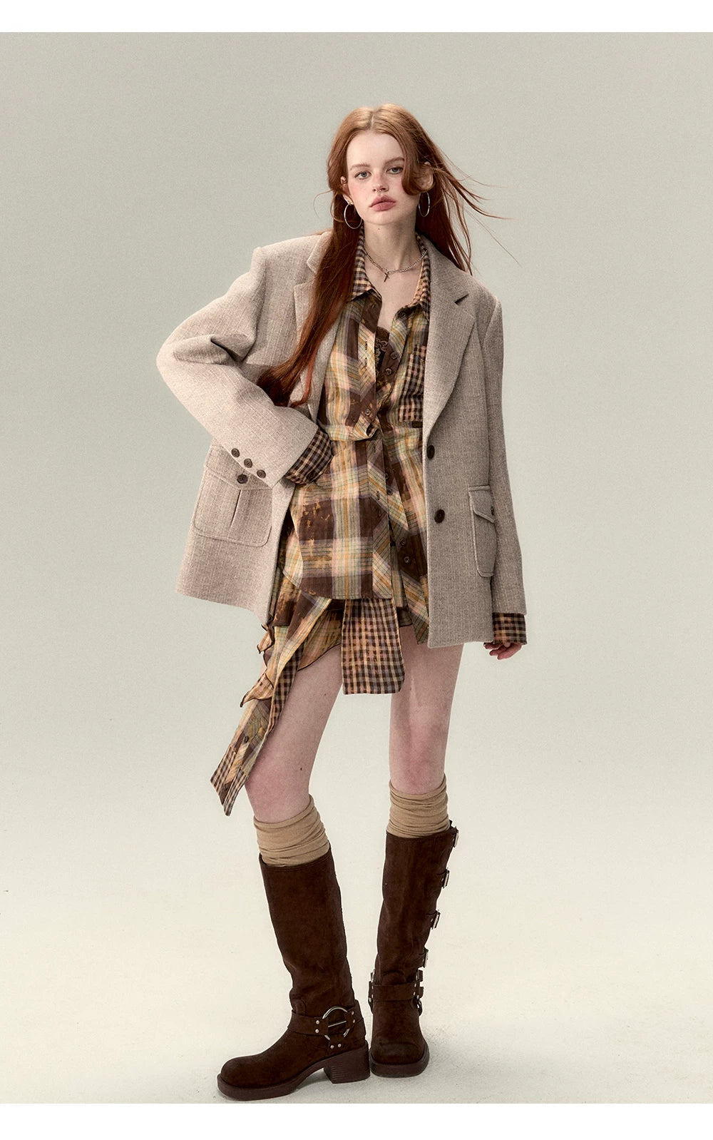 Oversize Plaid Long Sleeve Shirt & Short Skirt & Scarf Setup