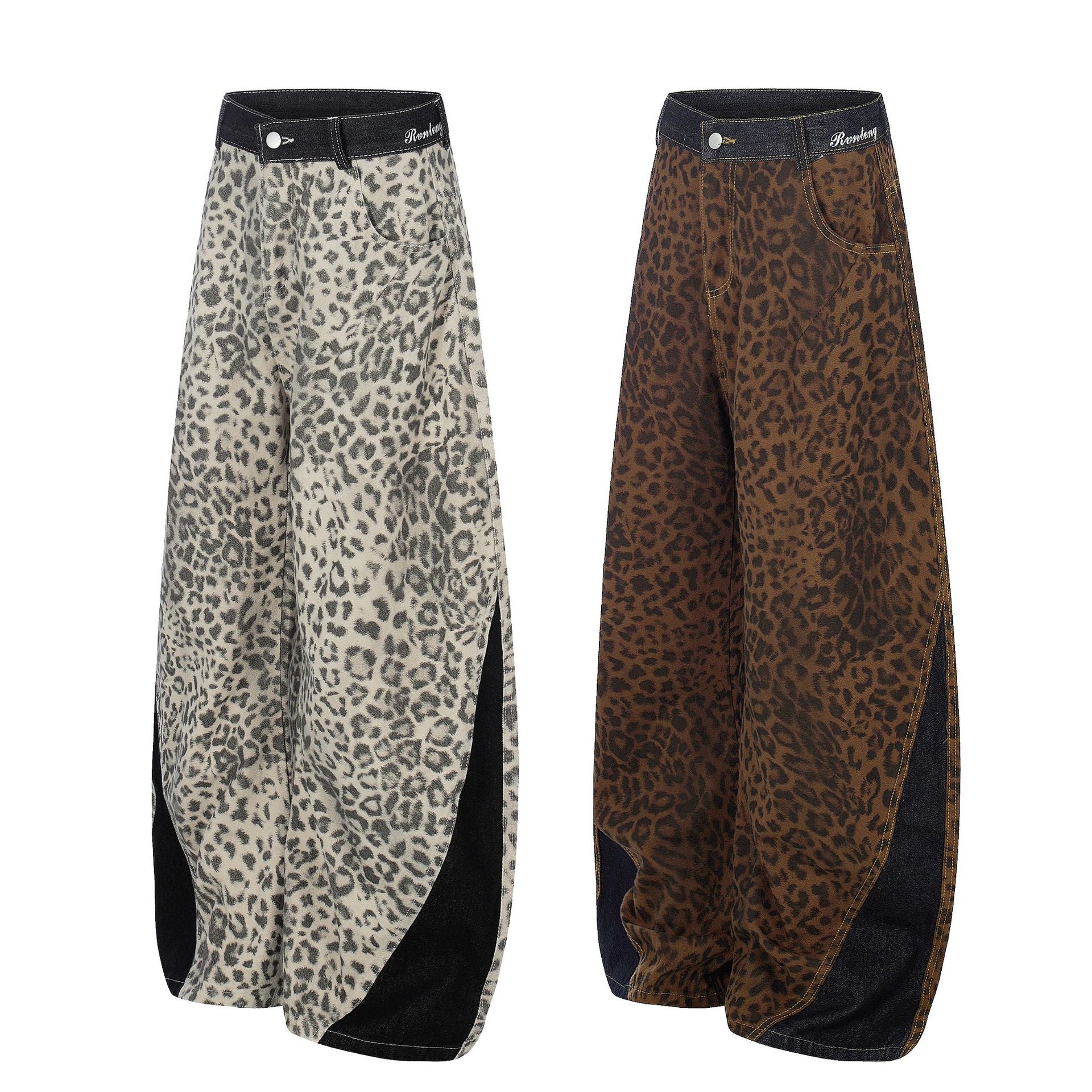 Leopard Print Curved Wide Leg Denim Jeans