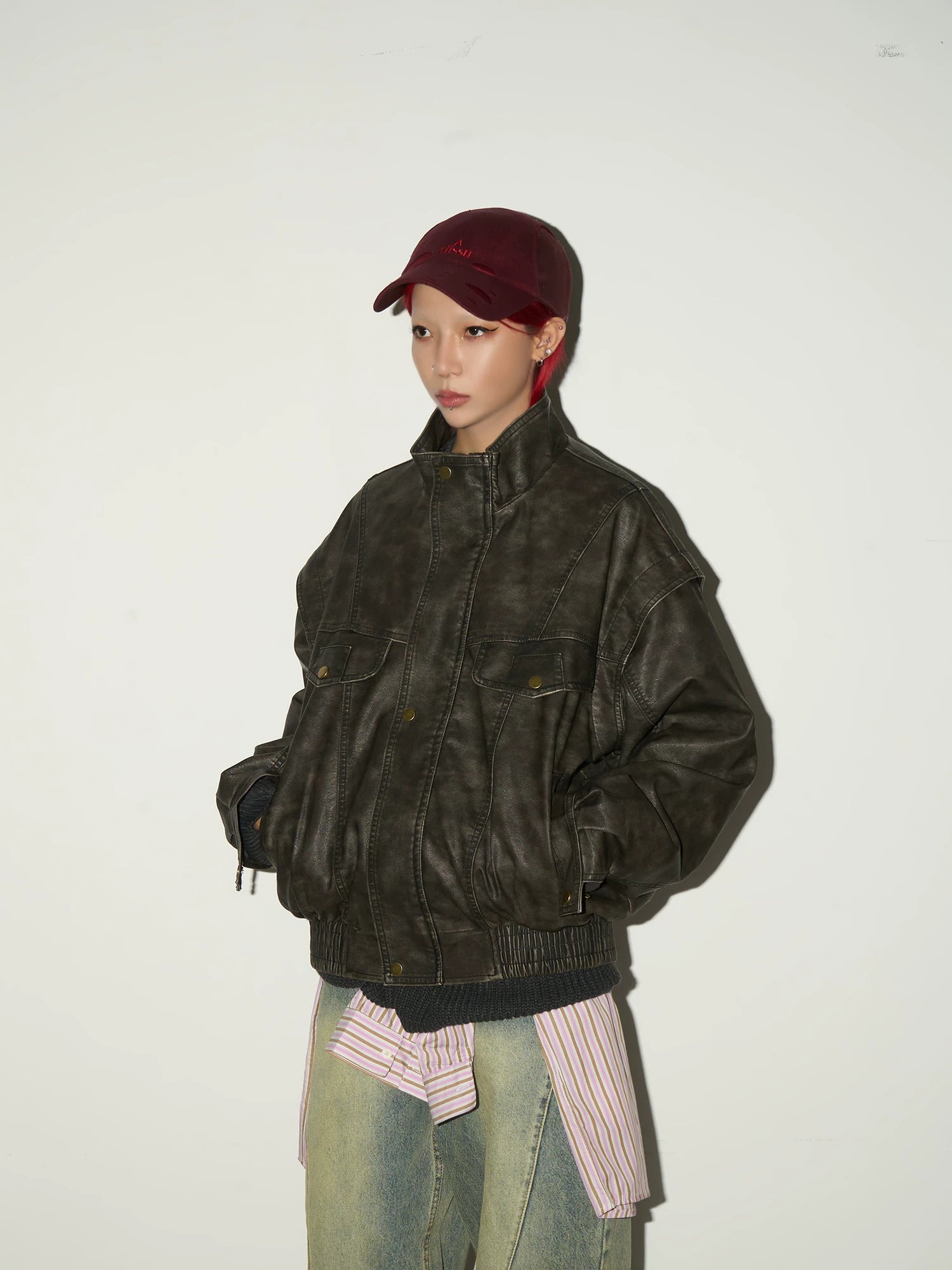 PU Leather Stand Collar Oversize Jacket