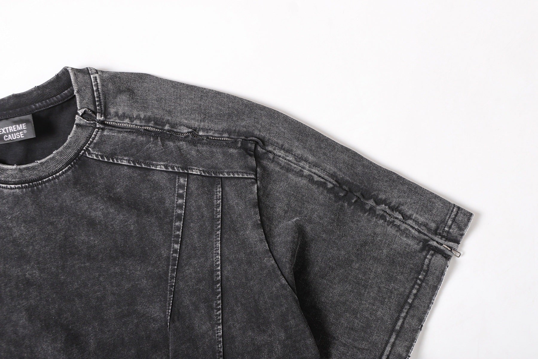 Washed Panel Design Zipper Detail Short Sleeve T-Shirt